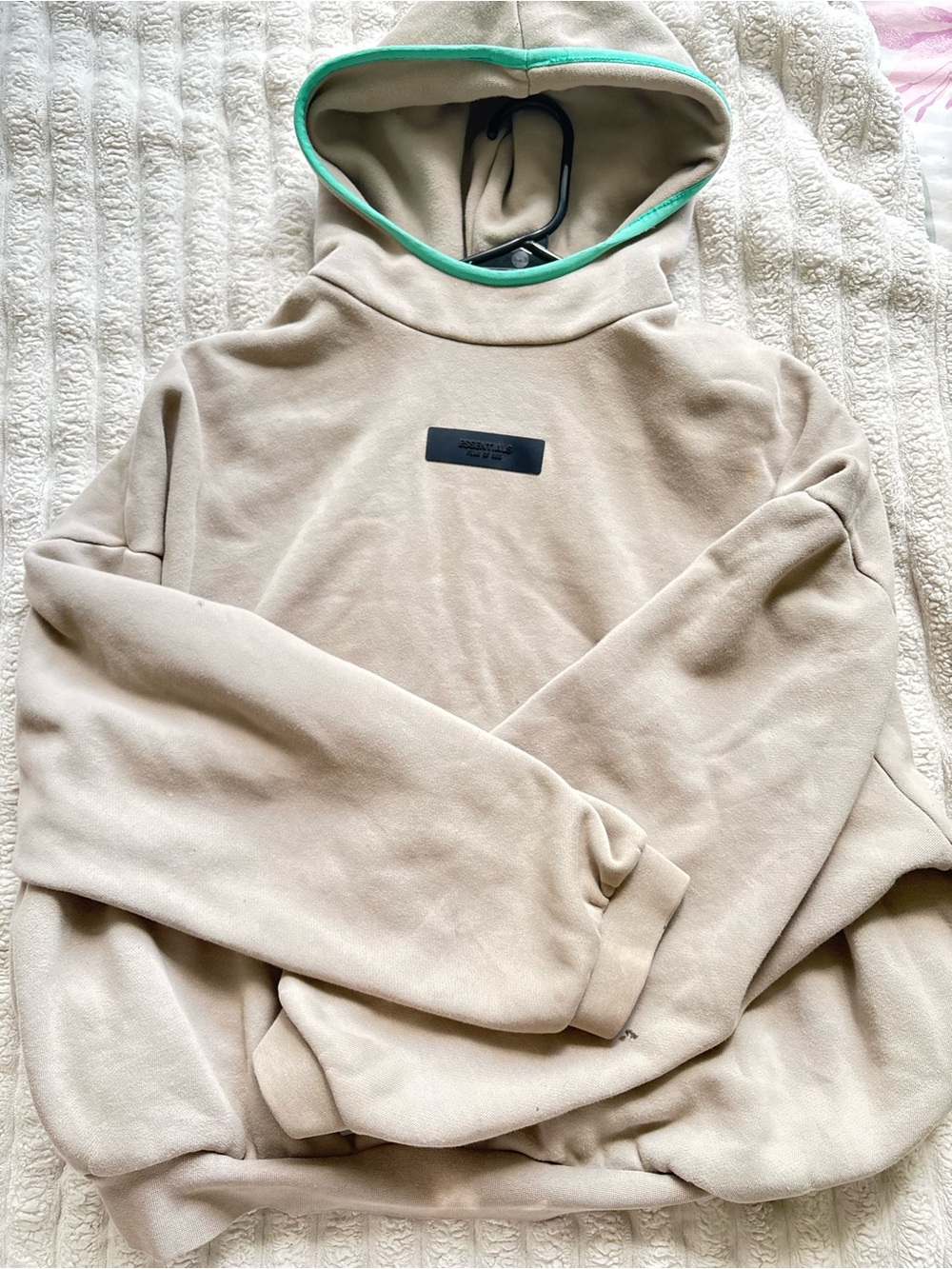 Essentials Men's Turtleneck Hoodie in Beige with Mint Trim